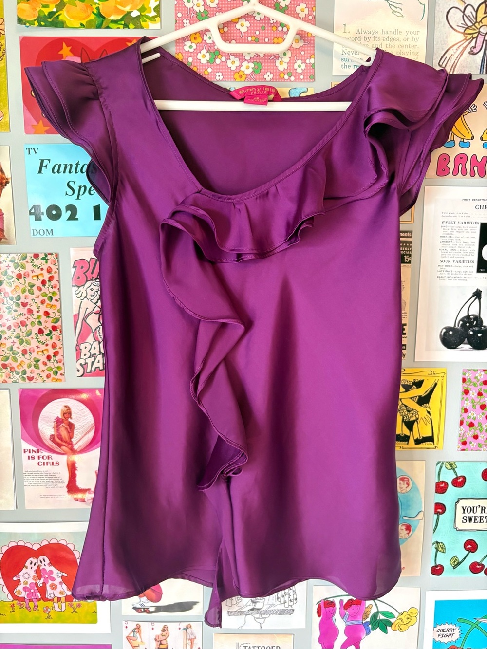 Ruffled V-Neck Flutter Sleeve Blouse Top in Vibrant Purple